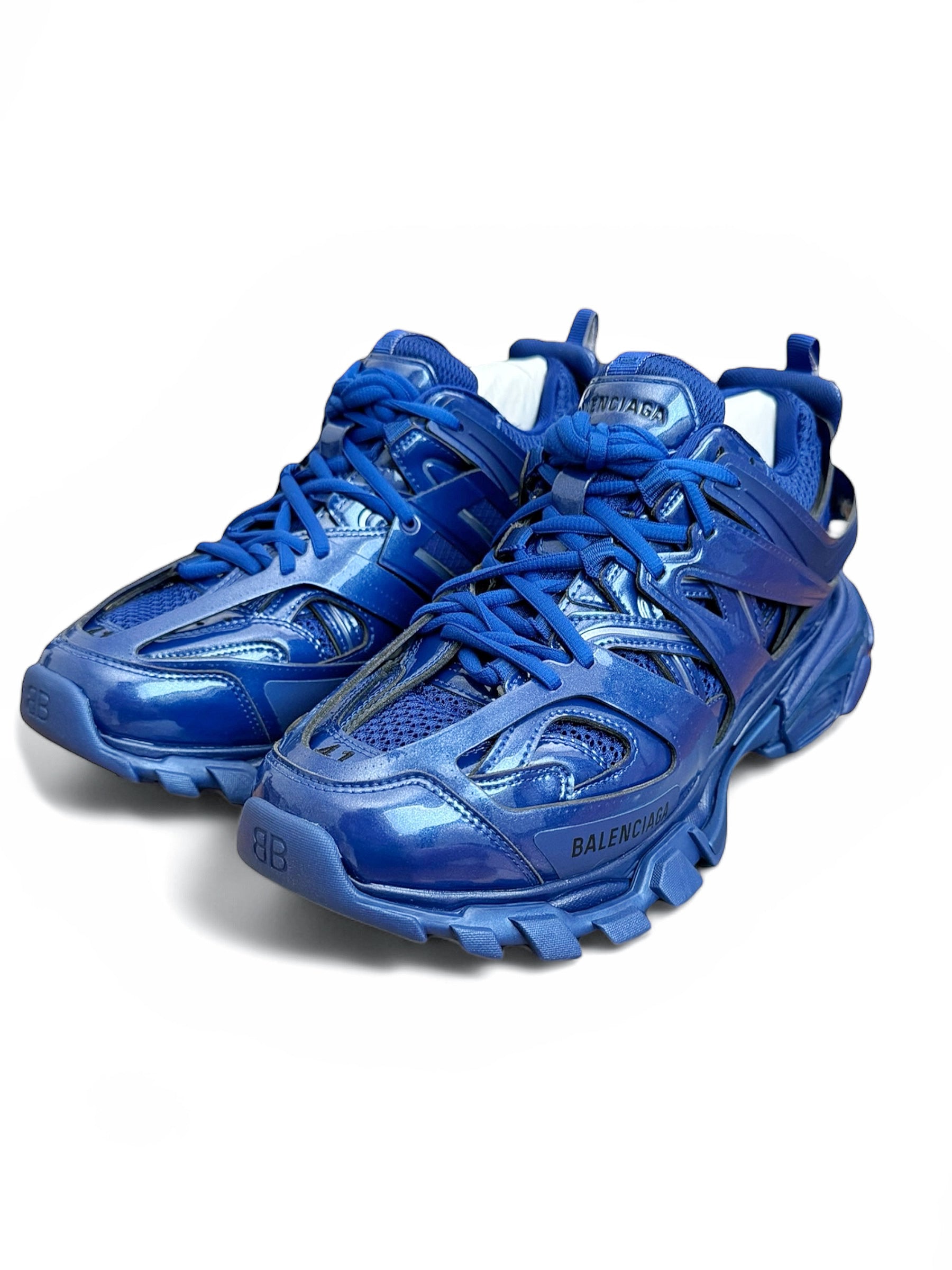 Balenciaga  Blue Metallic Track Sneakers Buy Balenciaga women blue track sneakers in metallic indigo  main image 2