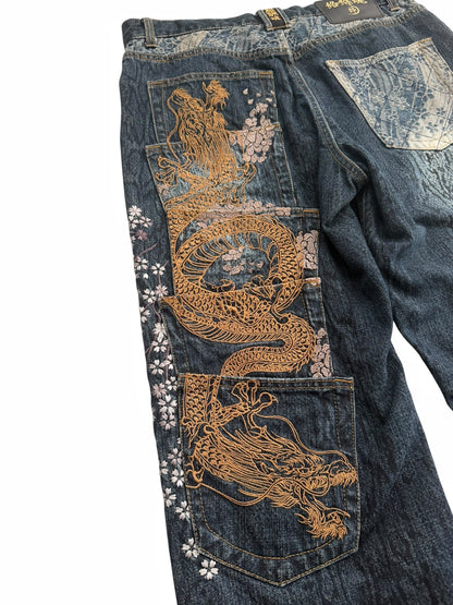 Dragon Embroidered Multipocket Snake Denim
