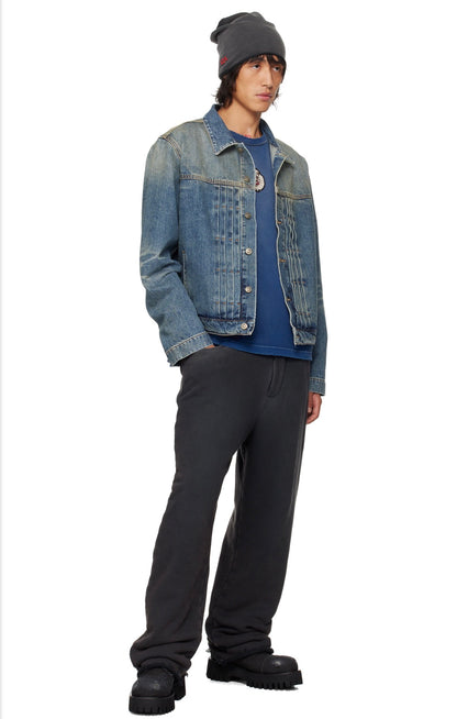Sun Faded Denim Pleated Trucker Jacket
