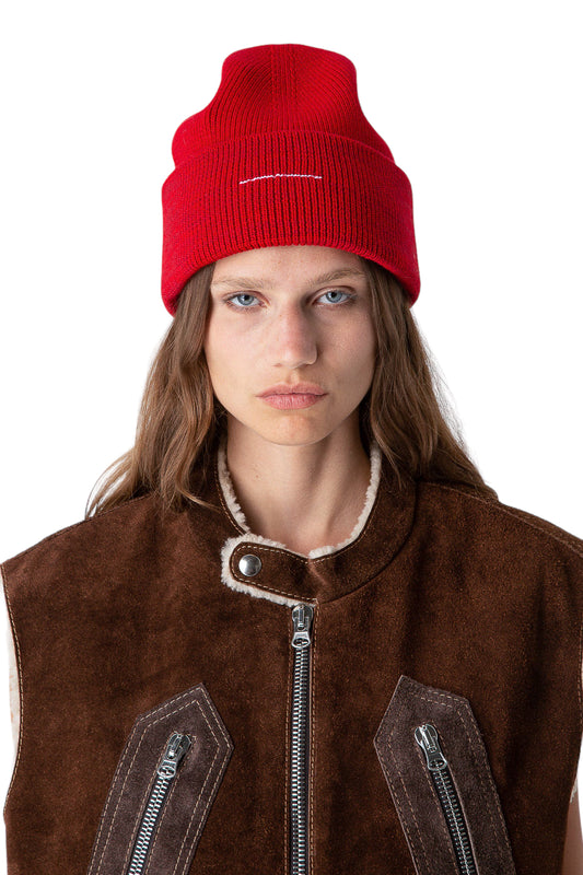 Red Knitted Line Beanie