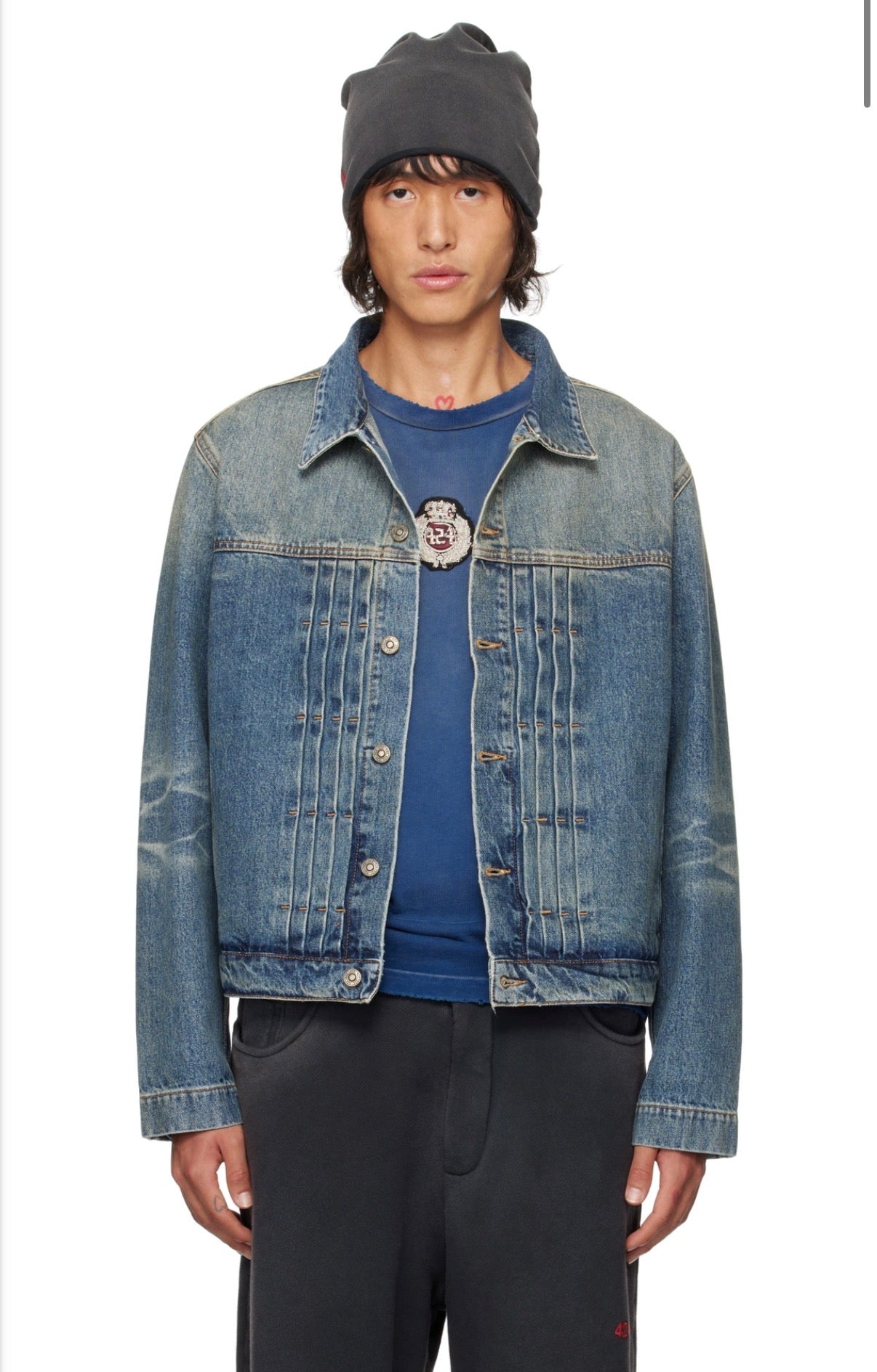 Sun Faded Denim Pleated Trucker Jacket