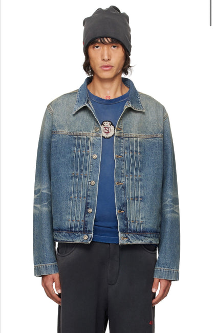Sun Faded Denim Pleated Trucker Jacket