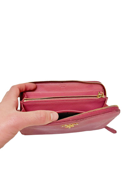 Pink Leather Zip Saffiano Wallet