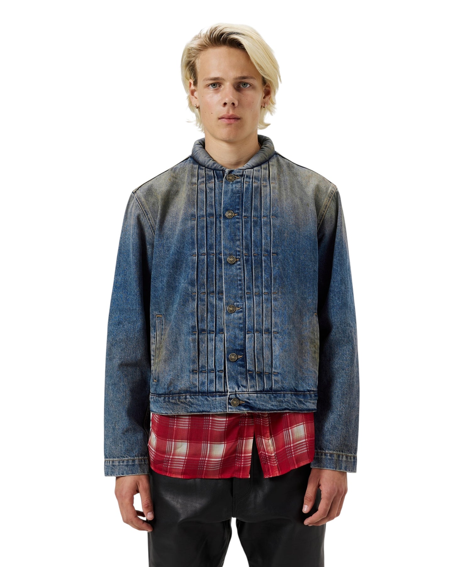 Japanese Wash Mandarin Collar Pleated Denim Trucker