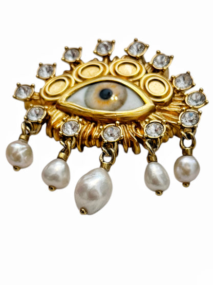 Pearl Crystal Eye Brooch