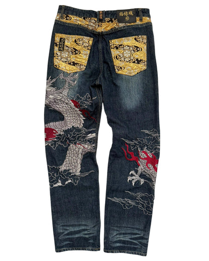 Embroidered Dragonball Flame Denim