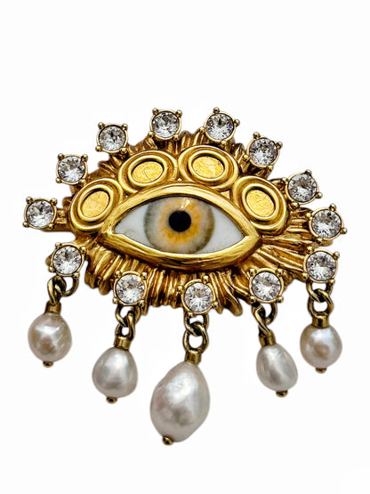 Pearl Crystal Eye Brooch