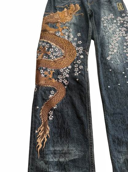 Dragon Embroidered Multipocket Snake Denim