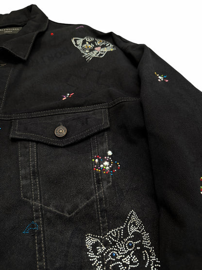 2022 Bedazzled Graffiti Doodle Distressed Denim Trucker Jacket