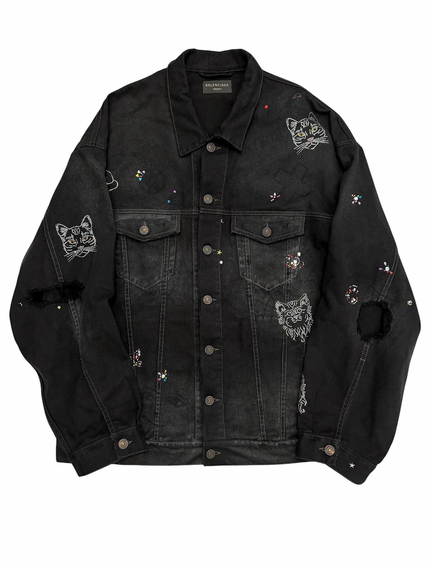 2022 Bedazzled Graffiti Doodle Distressed Denim Trucker Jacket