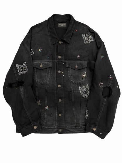 2022 Bedazzled Graffiti Doodle Distressed Denim Trucker Jacket
