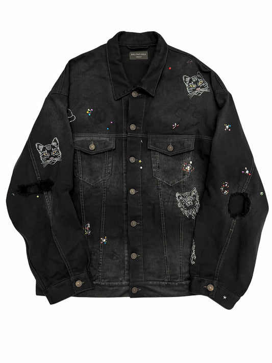 2022 Bedazzled Graffiti Doodle Distressed Denim Trucker Jacket