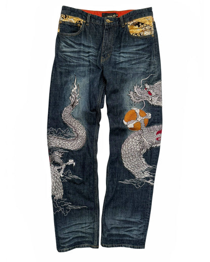 Embroidered Dragonball Flame Denim