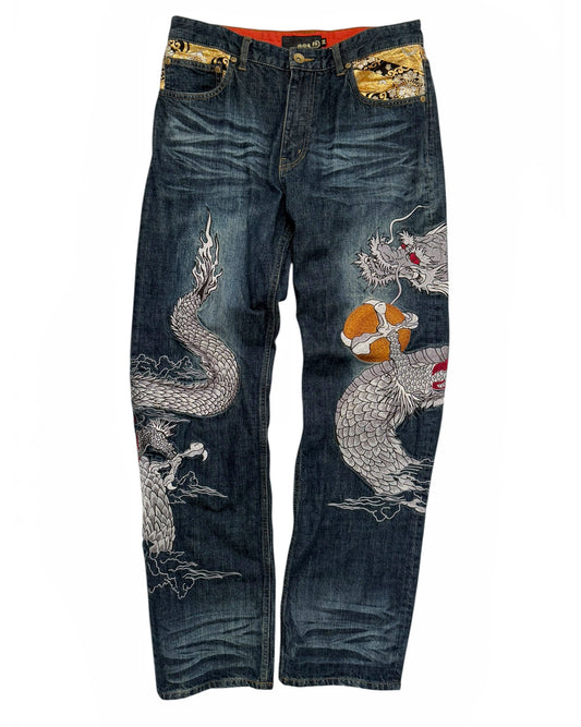 Embroidered Dragonball Flame Denim