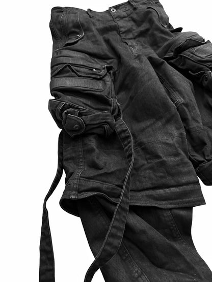 Layered Denim Gas Mask Cargo Pants