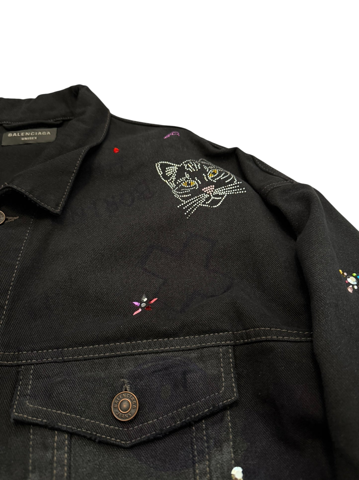 2022 Bedazzled Graffiti Doodle Distressed Denim Trucker Jacket