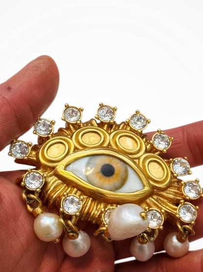Pearl Crystal Eye Brooch