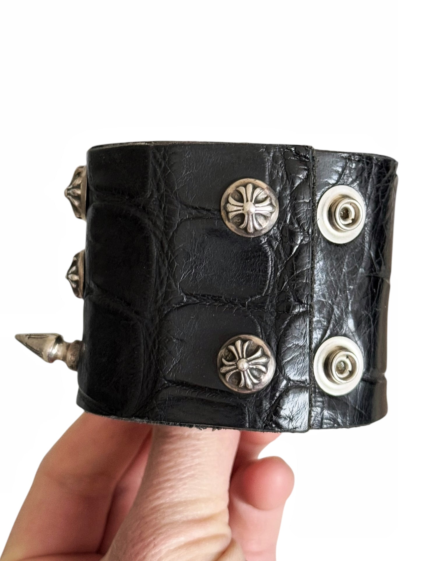 Alligator Leather Punk Studded Silver Cuff