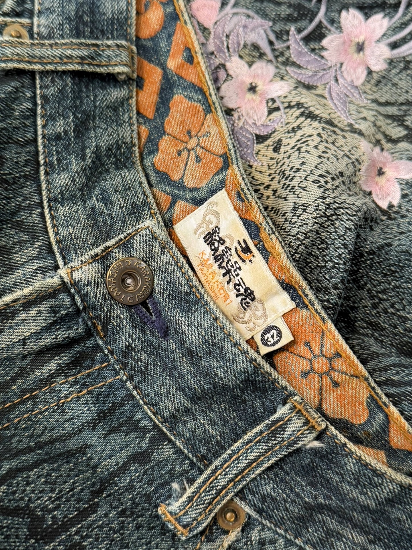 Koi Snake Embroidered Double Pocket Denim