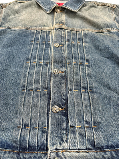 Sun Faded Denim Pleated Trucker Jacket