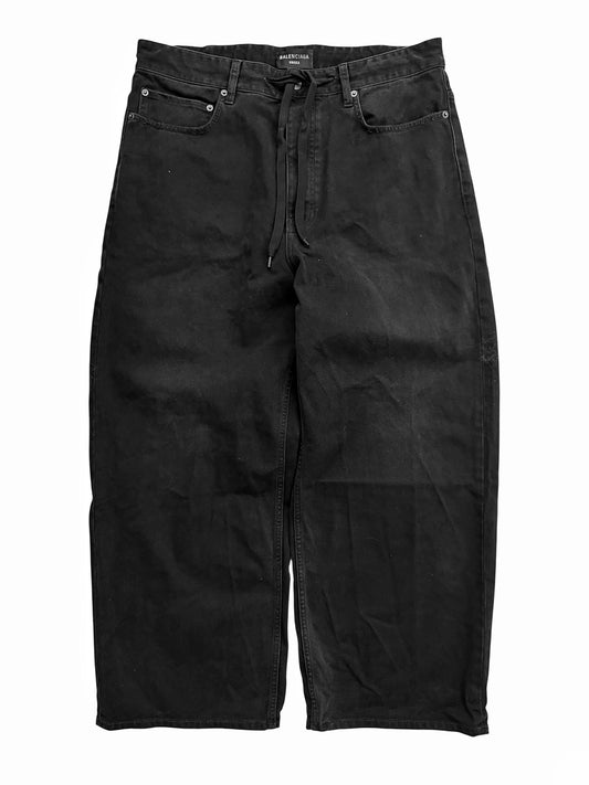 2024 Baggy Wide Leg Black Denim w Drawstring