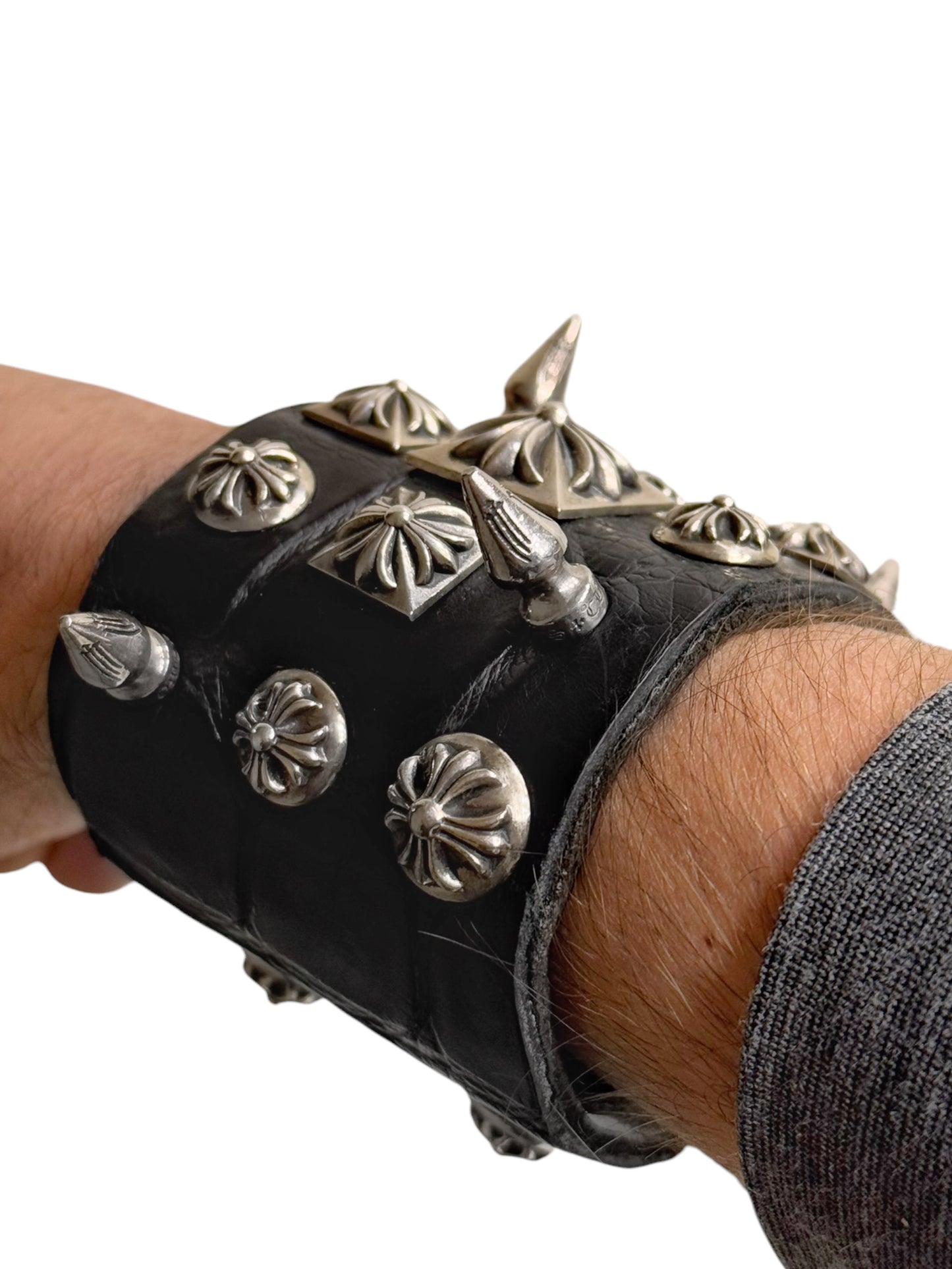 Alligator Leather Punk Studded Silver Cuff