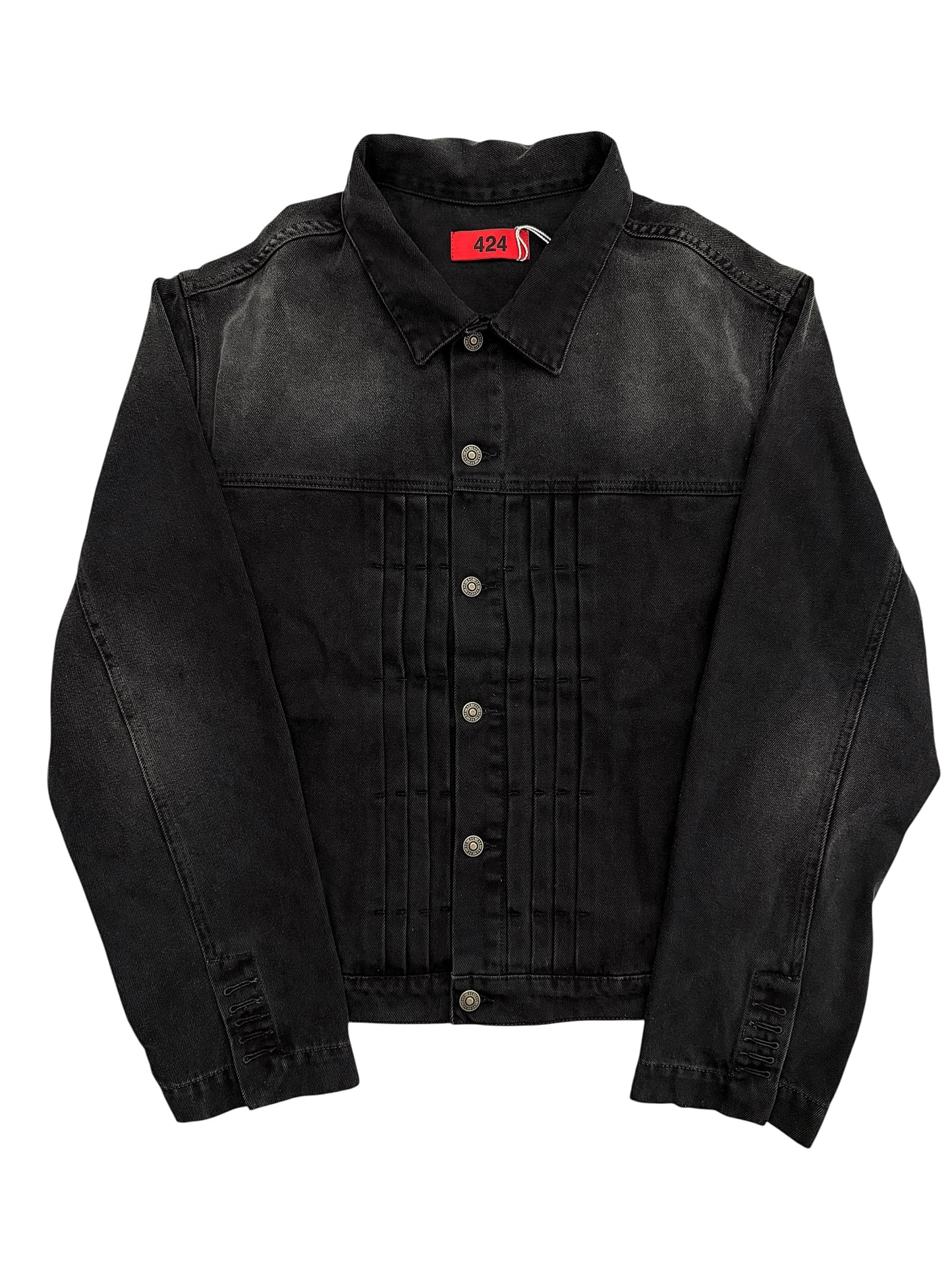Faded Black Patch Denim Pleat Trucker Jacket