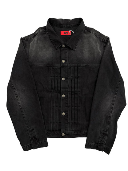 Faded Black Patch Denim Pleat Trucker Jacket