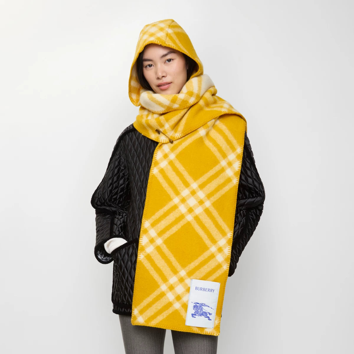 Wool Yellow Check Hooded Scarf