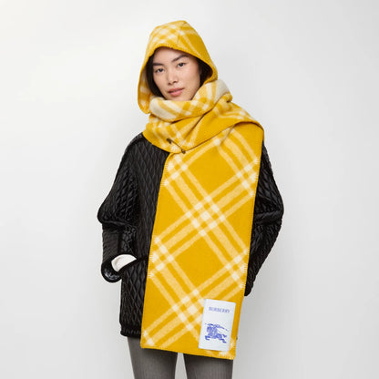 Wool Yellow Check Hooded Scarf