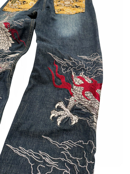 Embroidered Dragonball Flame Denim