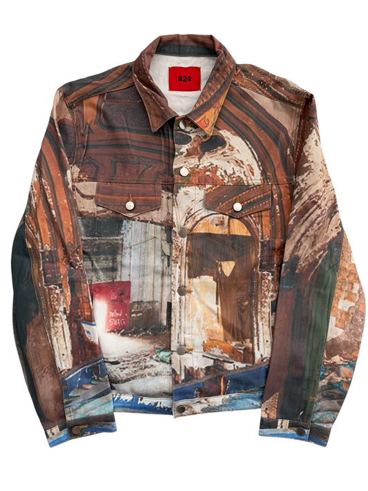 Bando Photo Allover Print Denim Trucker Jacket