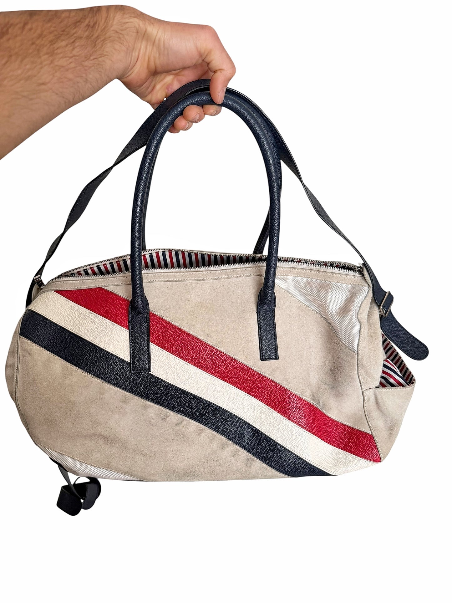 Suede Pebble Leather Stripe Duffle Bag