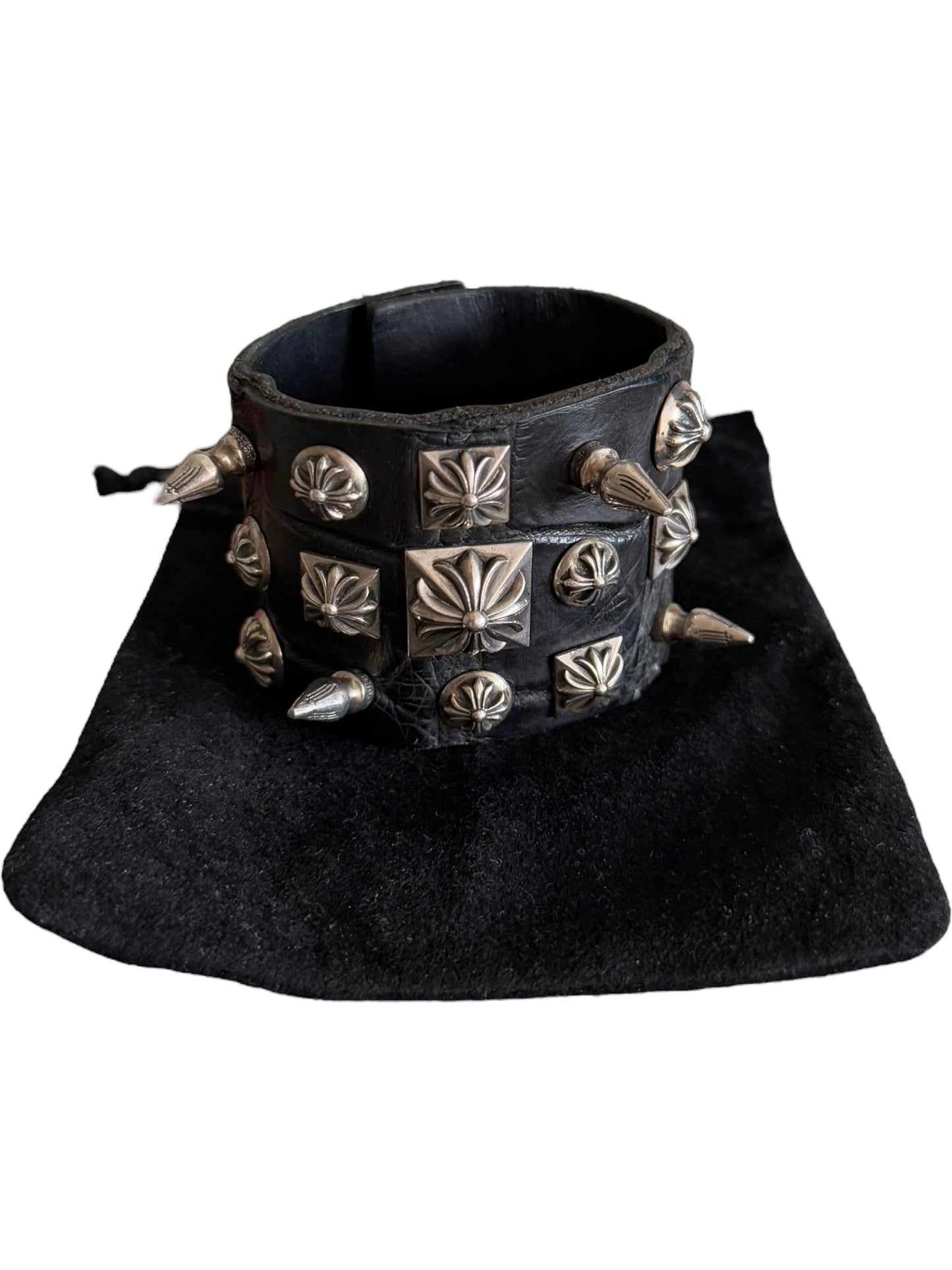 Alligator Leather Punk Studded Silver Cuff