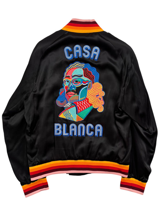 Embroidered Face Satin Bomber Jacket