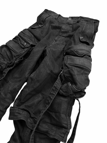 Layered Denim Gas Mask Cargo Pants