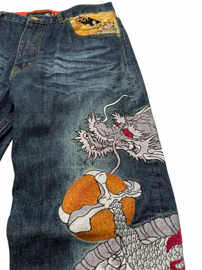 Embroidered Dragonball Flame Denim