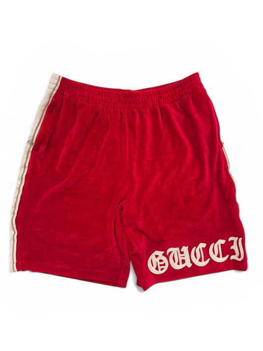 Chain Stitch Goth Logo Red Velvet Shorts