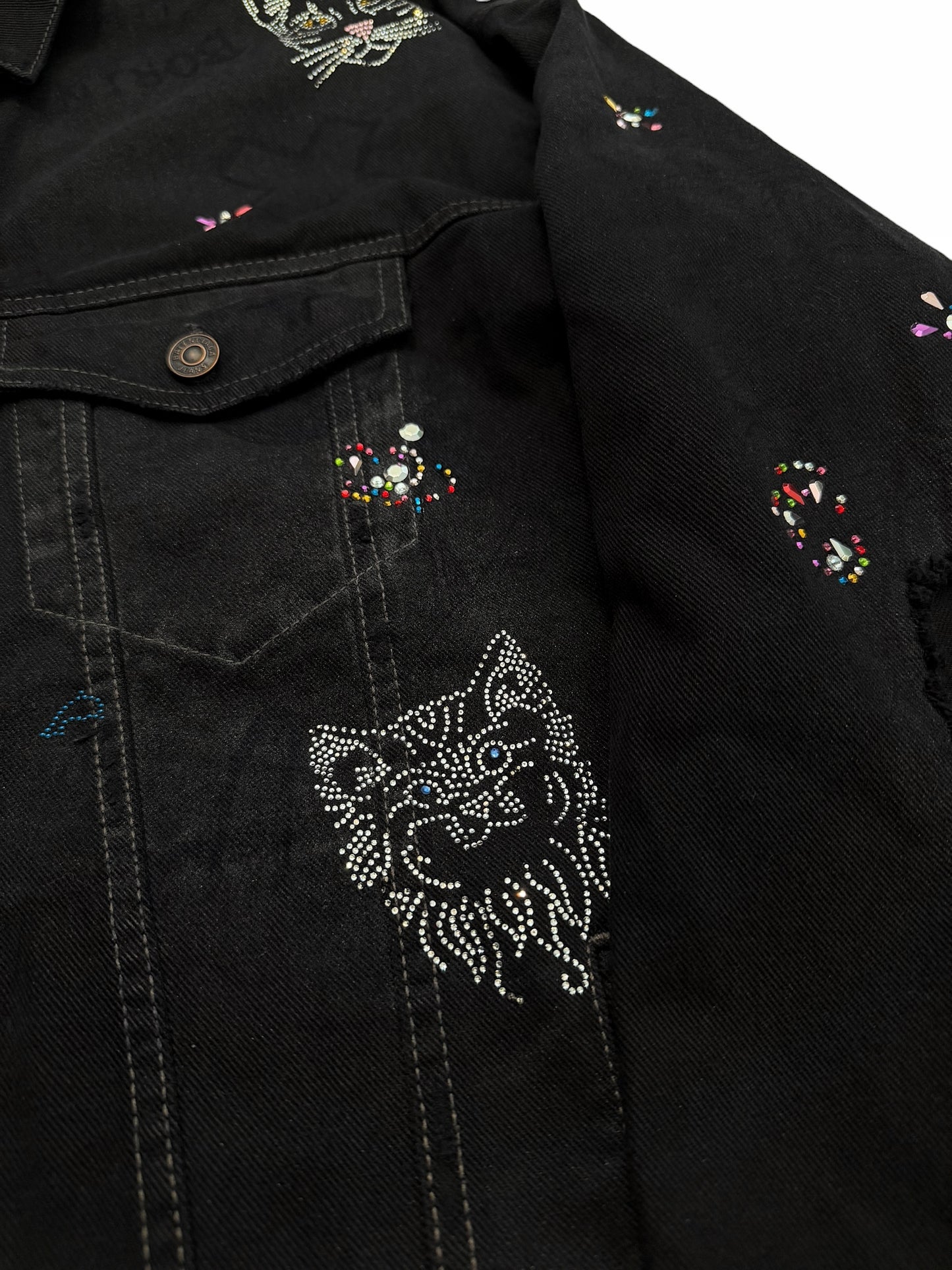 2022 Bedazzled Graffiti Doodle Distressed Denim Trucker Jacket