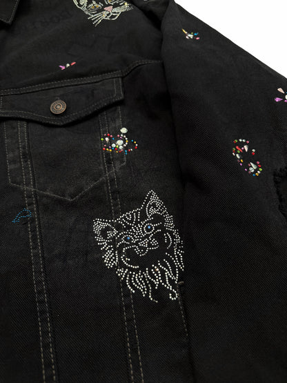 2022 Bedazzled Graffiti Doodle Distressed Denim Trucker Jacket