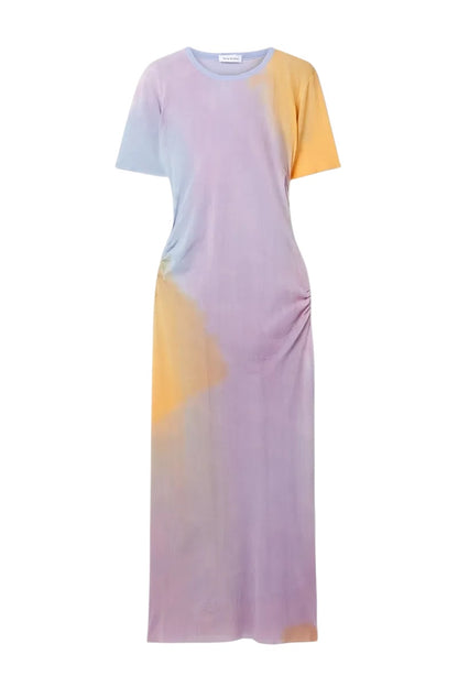 Ruched Tie-Dyed Cotton-Mesh Midi Dress