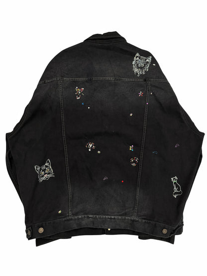 2022 Bedazzled Graffiti Doodle Distressed Denim Trucker Jacket