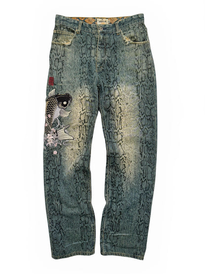 Koi Snake Embroidered Double Pocket Denim