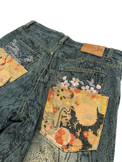 Koi Snake Embroidered Double Pocket Denim