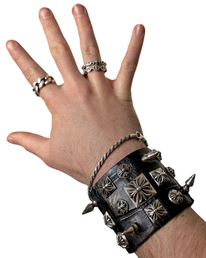 Alligator Leather Punk Studded Silver Cuff