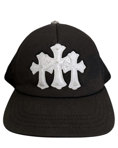 Vintage Triple White Leather Cross Trucker Hat