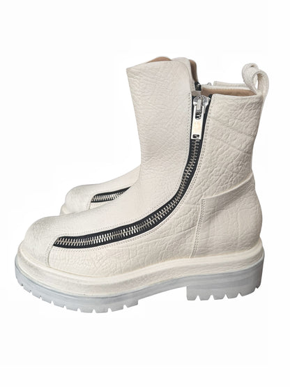Double Zip White Leather Boots
