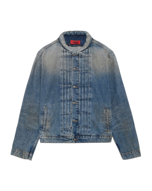 Japanese Wash Mandarin Collar Pleated Denim Trucker