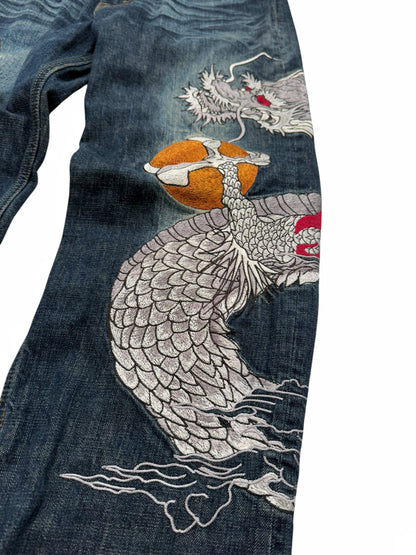 Embroidered Dragonball Flame Denim