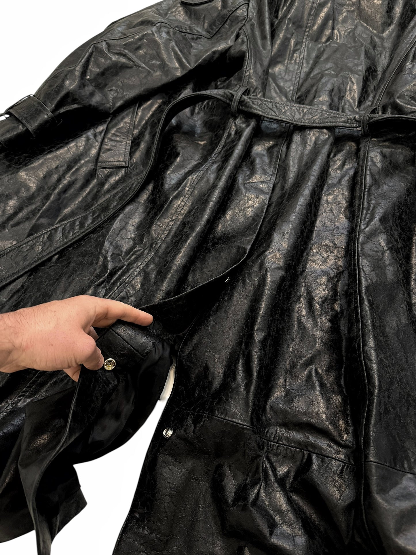 2024 Paper Effect Distressed Leather Trench Coat